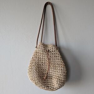 Handmade Boho Woven Tan Shoulder Bag Leather Strap Hand Sewn Lining Drawstring